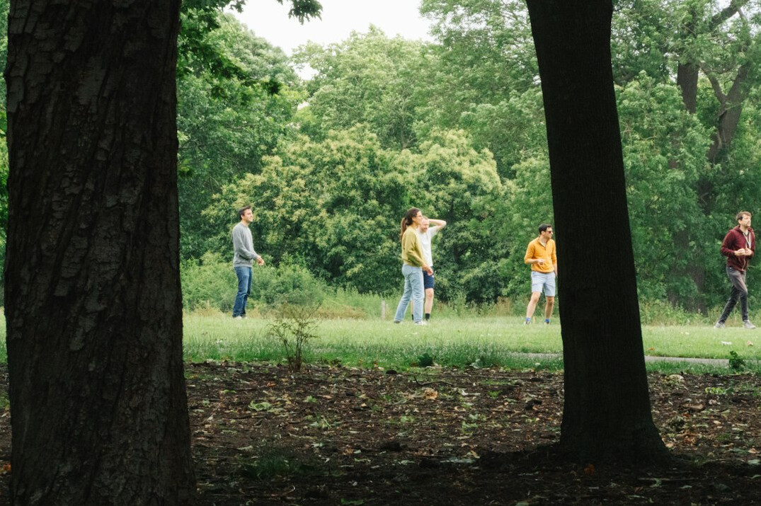 group of people walking in nature
